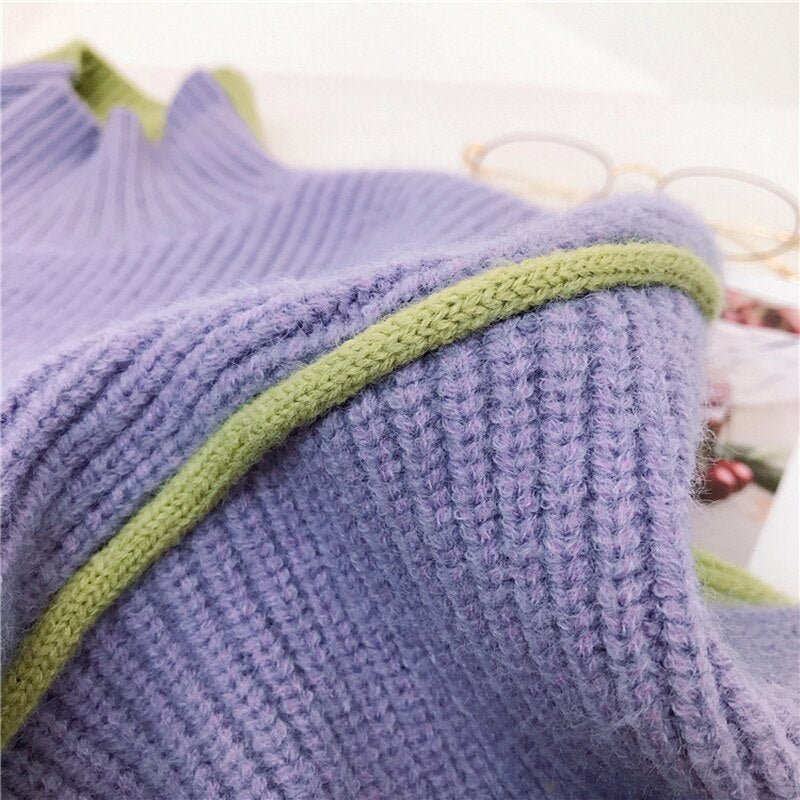 Cold Winter Women Knitted Turtleneck Thicken Sweaters Casual Basic Pullover Jumper Patchwork Long Sleeve Loose Tops