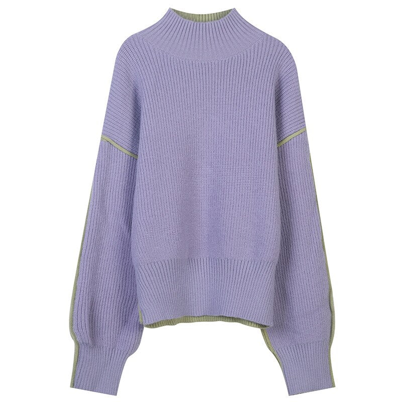 Cold Winter Women Knitted Turtleneck Thicken Sweaters Casual Basic Pullover Jumper Patchwork Long Sleeve Loose Tops
